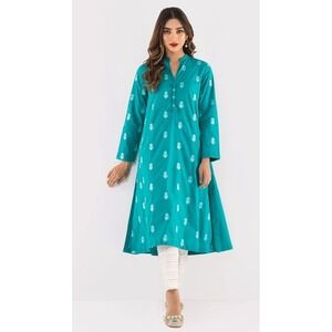 Khaadi NWOT Teal w/ Blue Floral Embroidered Tunic Dress Sz‎ 8 Beaded Slits